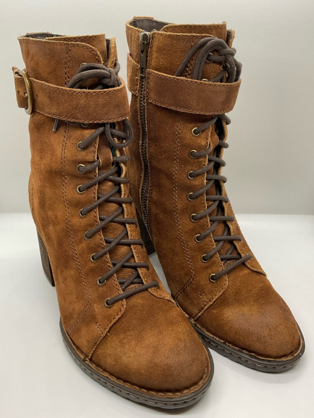 BORN "Cass" Rust Brown Suede block heel lace up & zipper Boots Womens Sz 7M